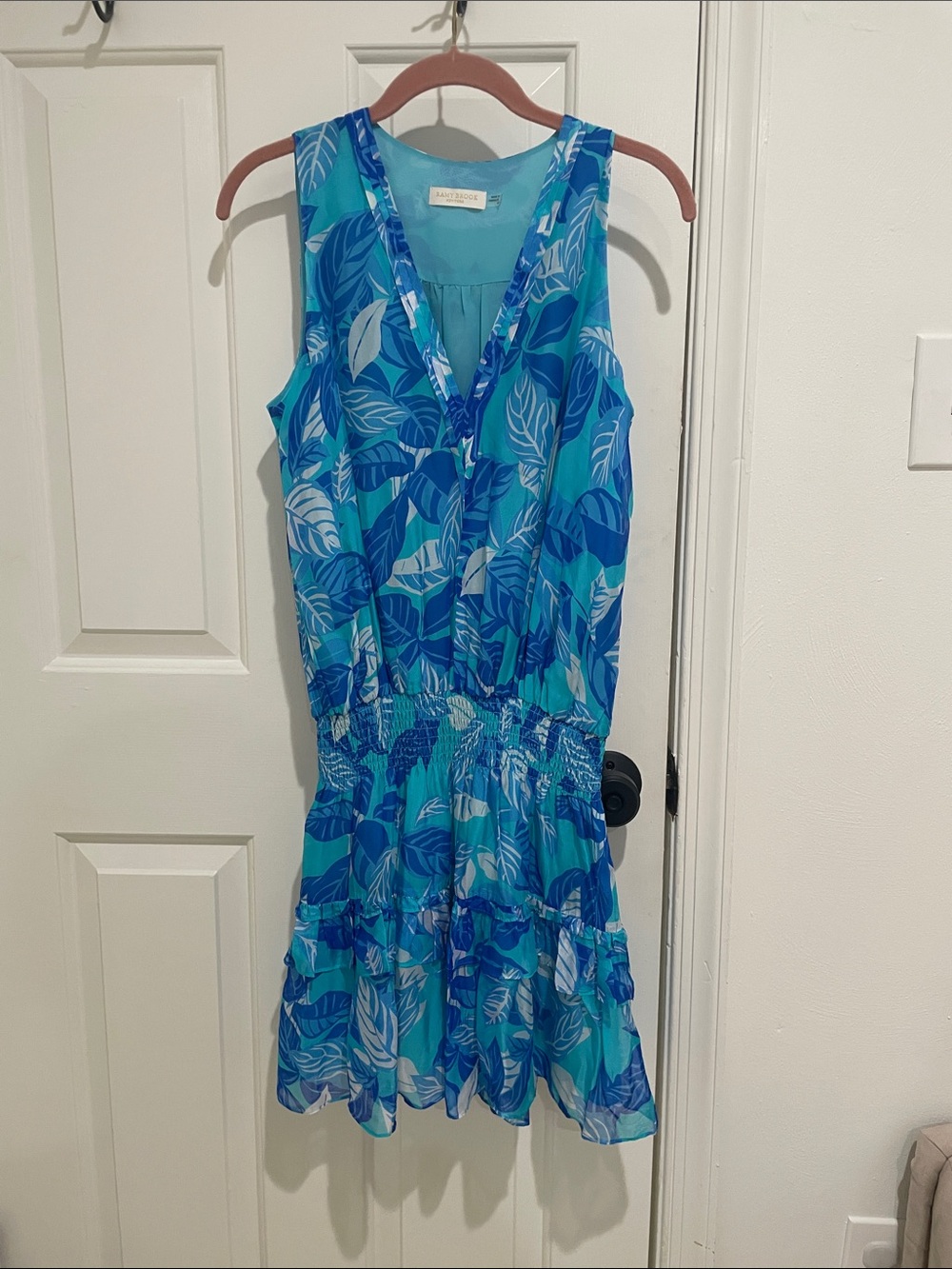 Ramy Brook Kimmy silk dress island blue floral leaf print Small S